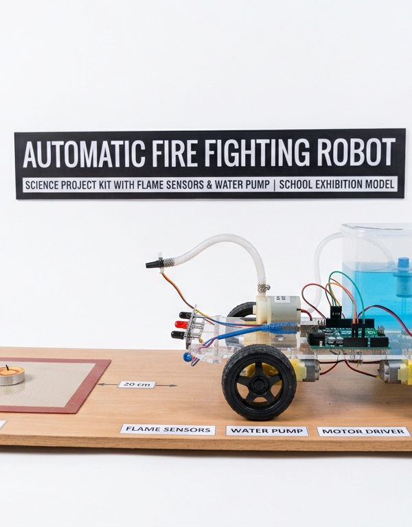 Automatic Fire Fighting Robot Science Project Kit with Flame Sensors & Water Pump Automatic Fire Fighting Robot Science Project Kit with Flame Sensors & Water Pump | School Exhibition Model
