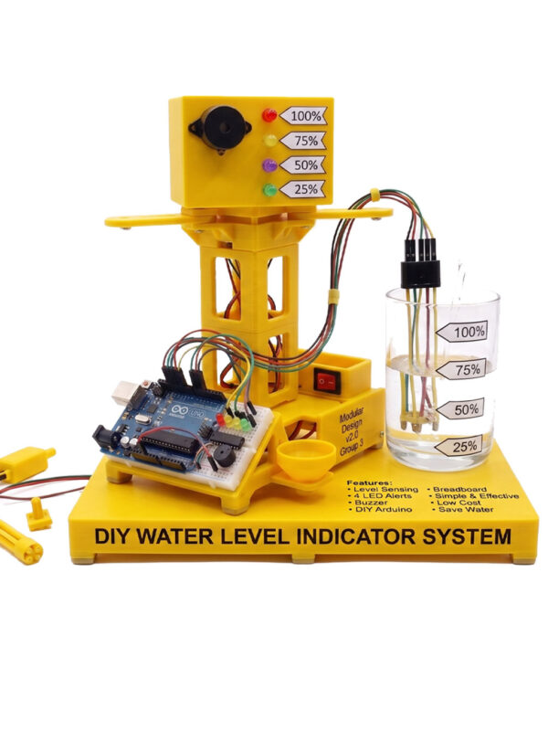 Components and circuit wiring diagram for DIY water level indicator and alarm kit for school science projects