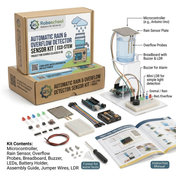 Roboschool automatic rain and overflow detector sensor kit for school science exhibition eco STEM project for Classes 6 to 8