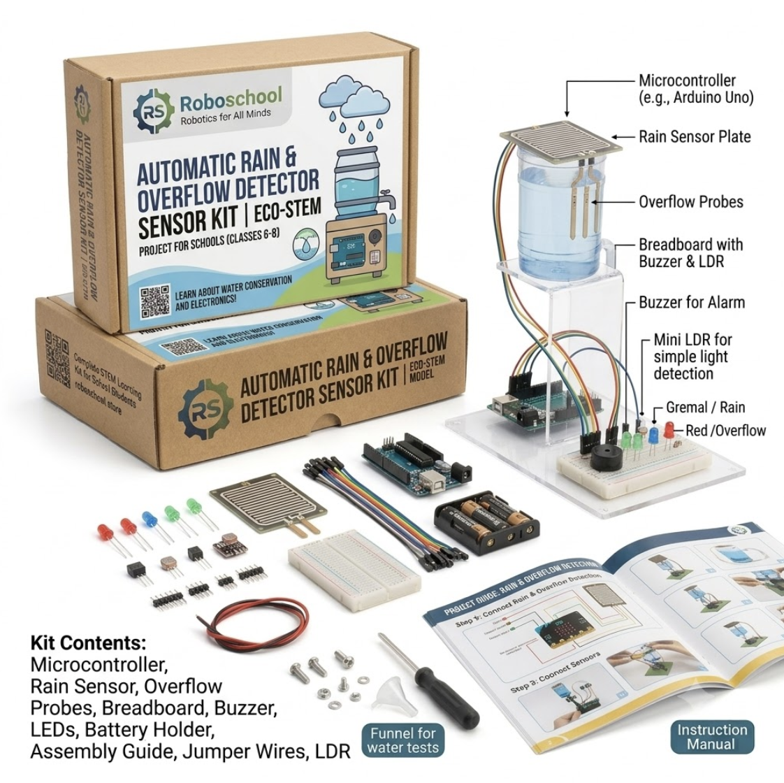 Roboschool automatic rain and overflow detector sensor kit for school science exhibition eco STEM project for Classes 6 to 8