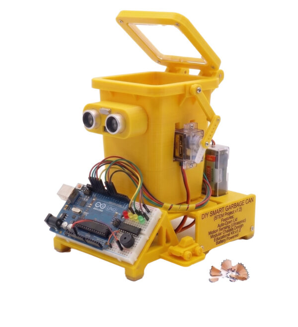 Roboschool DIY Automated Dustbin STEM Kit for School Students DIY Smart Automated Dustbin STEM Robotics Kit for school students featuring ultrasonic sensor and servo motor working model by Roboschool India.