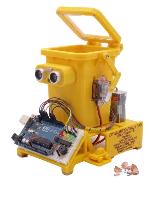DIY Smart Automated Dustbin STEM Robotics Kit for school students featuring ultrasonic sensor and servo motor working model by Roboschool India.