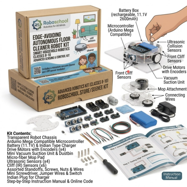 Roboschool edge avoiding autonomous floor cleaner robot kit smart household robotics STEM project for school students in Classes 8 to 10