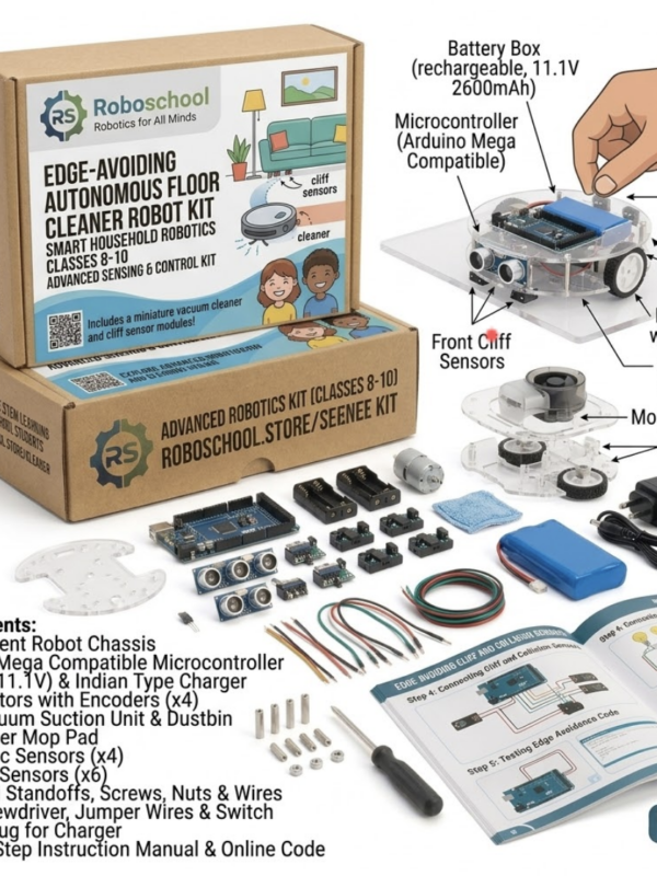 Roboschool edge avoiding autonomous floor cleaner robot kit smart household robotics STEM project for school students in Classes 8 to 10