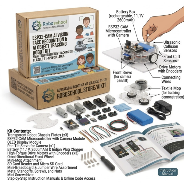 Roboschool ESP32-CAM AI vision face recognition and AI object tracking robot kit for Class 11-12 and college engineering projects