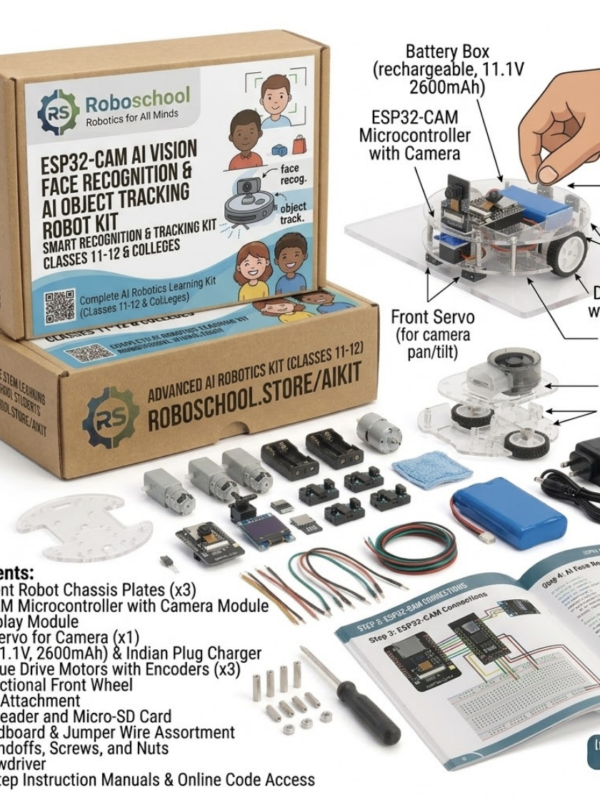 Roboschool ESP32-CAM AI vision face recognition and AI object tracking robot kit for Class 11-12 and college engineering projects