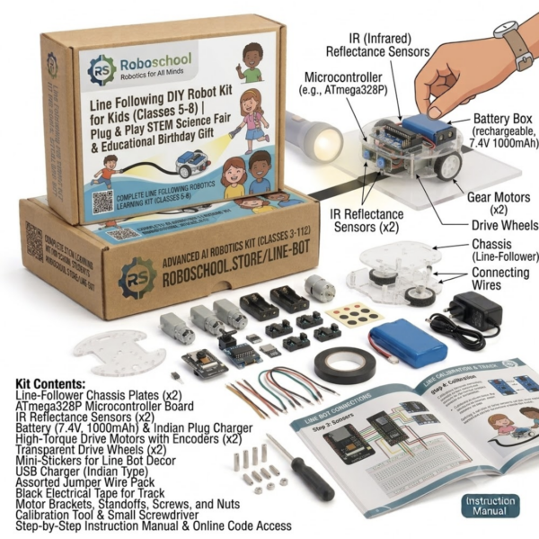 Roboschool line following DIY robot kit plug and play STEM science fair project for school students in Classes 5 to 8