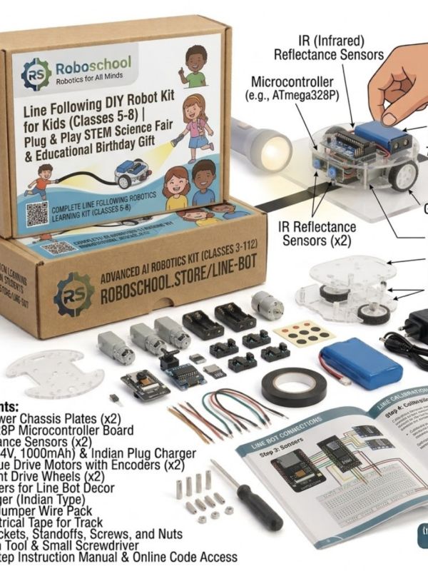 Roboschool line following DIY robot kit plug and play STEM science fair project for school students in Classes 5 to 8