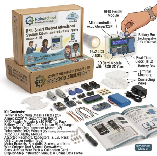 Roboschool RFID smart student attendance system kit with LCD display and SD card data logging for Classes 9 to 12 science projects