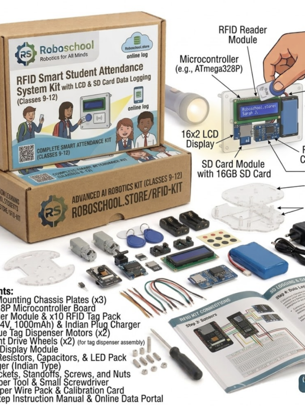 Roboschool RFID smart student attendance system kit with LCD display and SD card data logging for Classes 9 to 12 science projects