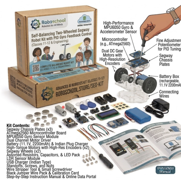 Roboschool Self-Balancing Segway Robot Kit – PID & MPU6050 Gyro Feedback Control Roboschool self balancing two wheeled segway robot kit with PID gyro feedback control for Class 11-12 and engineering projects