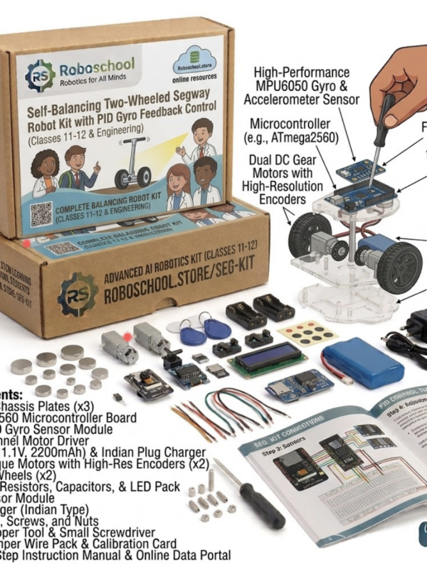 Roboschool self balancing two wheeled segway robot kit with PID gyro feedback control for Class 11-12 and engineering projects