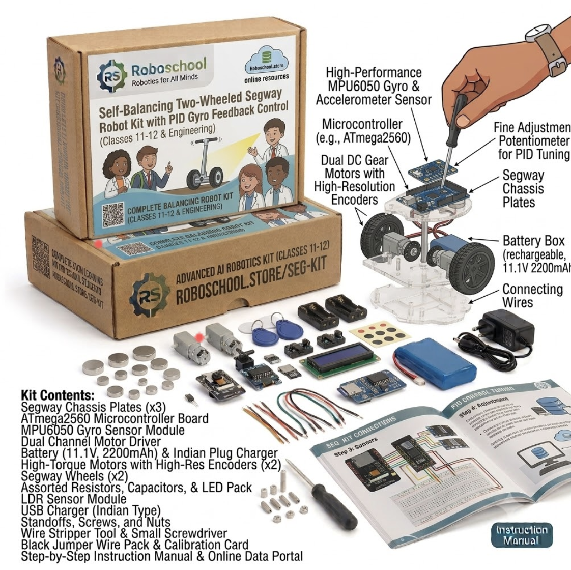 Roboschool self balancing two wheeled segway robot kit with PID gyro feedback control for Class 11-12 and engineering projects