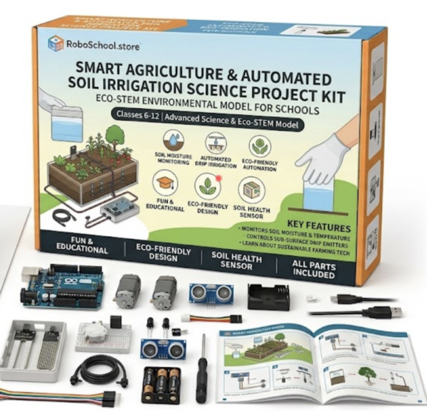 DIY smart agriculture and automated soil moisture irrigation kit assembled by students for school environmental science project.