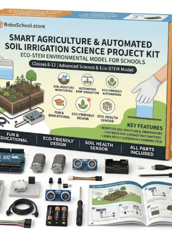 DIY smart agriculture and automated soil moisture irrigation kit assembled by students for school environmental science project.