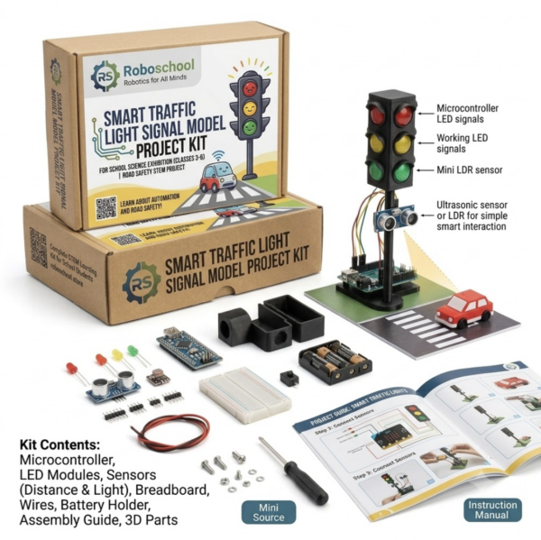 Roboschool smart traffic light signal model kit for school science exhibition road safety STEM project for Classes 3 to 6