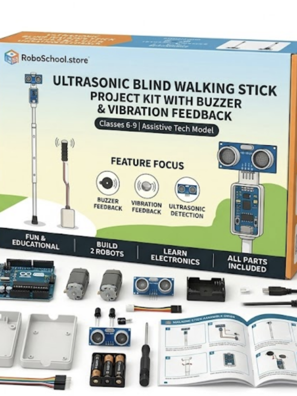 DIY ultrasonic blind walking stick project kit with buzzer and vibration feedback built by middle school students for assistive technology STEM science fair.