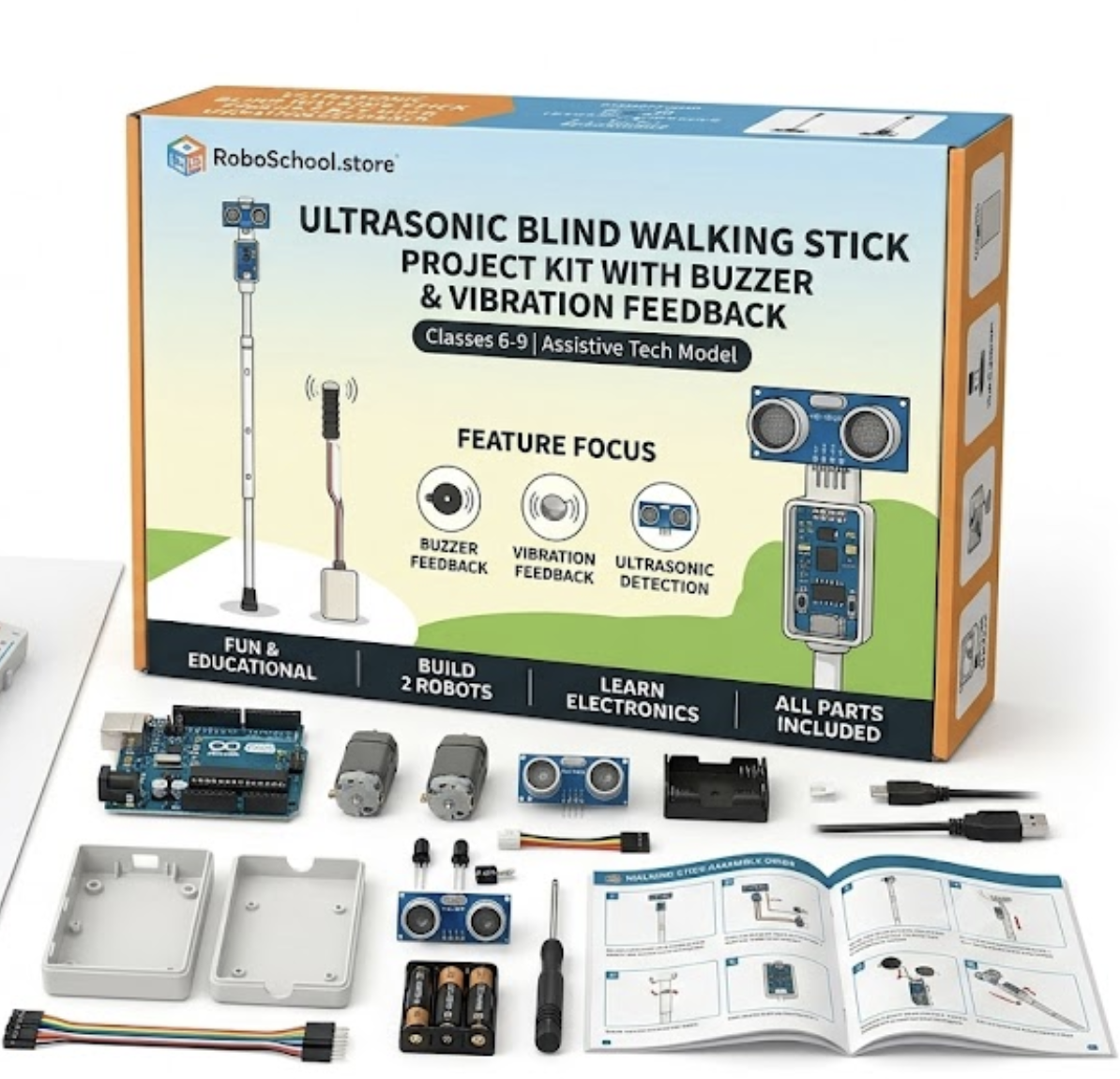 DIY ultrasonic blind walking stick project kit with buzzer and vibration feedback built by middle school students for assistive technology STEM science fair.