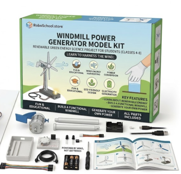 DIY working windmill power generator kit converting wind energy to electricity for school science project.