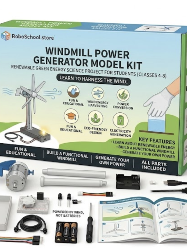 DIY working windmill power generator kit converting wind energy to electricity for school science project.