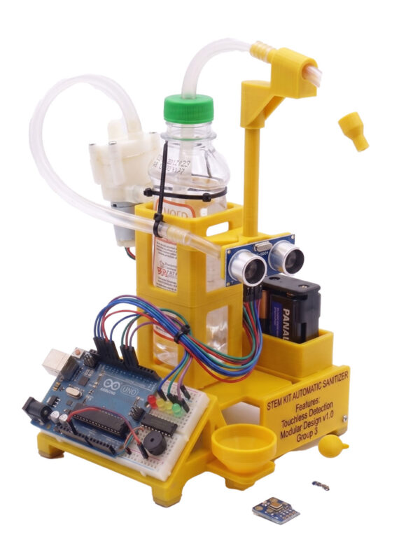IR sensor and mini water pump connection schematic for touchless automatic sanitizer DIY school project kit