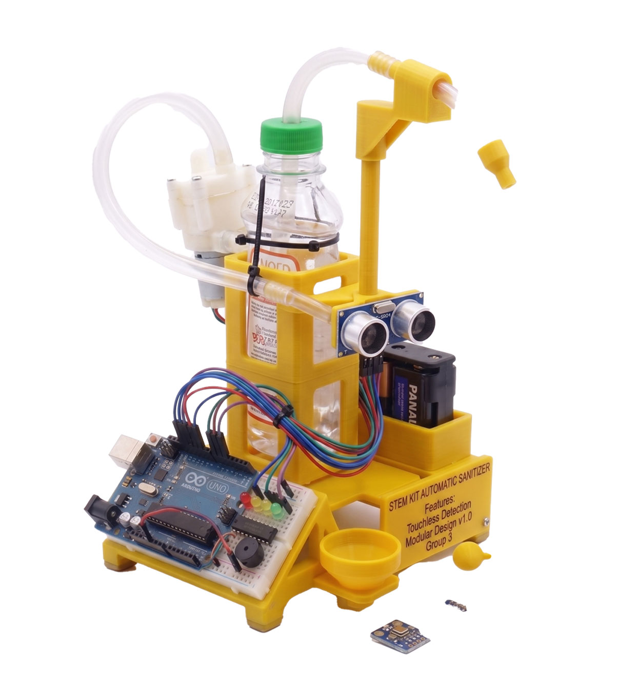 IR sensor and mini water pump connection schematic for touchless automatic sanitizer DIY school project kit