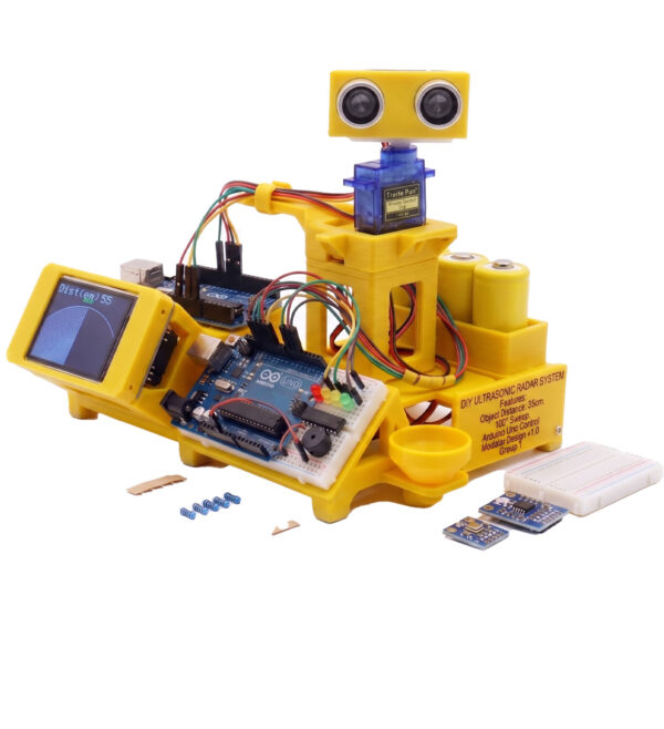 Ultrasonic radar system kit assembly showing HC-SR04 sensor mounted on micro servo motor with display module