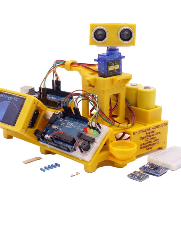 Ultrasonic radar system kit assembly showing HC-SR04 sensor mounted on micro servo motor with display module
